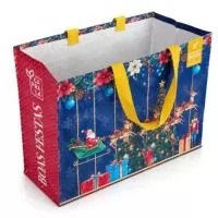 Sacola de Ráfia Natal  - Modelo TRENÓ ,em Ráfia  Laminada 120 Gramas -Cromia frente e costa mais lateral