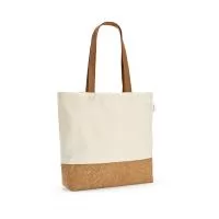 Sacola em 70% algodão reciclado e 30% poliéster reciclado (220 g/m²) com fundo em cortiça. Alças em webbing com 65 cm.