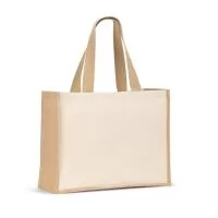 Sacola em canvas (320 g/m²), com fundo e laterais em juta laminada (350 g/m²) de tons naturais. Alças com 60 cm.