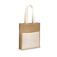 Sacola em 100% juta (240 g/m²) com alças de 65 cm e um bolso frontal em 100% algodão (140 g/m²).