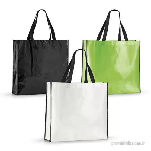 Sacola de TNT metalizado personalizada - Sacola em non-woven laminado (120 g/m²) com laminação brilhante. Alças em webbing de 60 cm. 420 x 380 x 150 mm