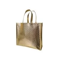 Sacola de TNT Metalizado personalizada, 80g gramas, material dourado. Outras opções de cores: pink, prata, preto, vermelho.  A personalização é feita em Silk, até 2 cores, arte sob consulta e envio prévio.