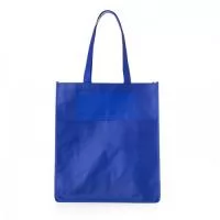 Sacola ecológica com bolso frontal externo e fundo amplo, contém alças para transporte.