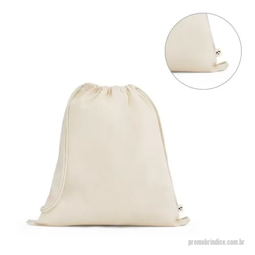 Sacola dobrável personalizada - Sacola tipo mochila 100% algodão orgânico (140 g/m²), com alças em algodão para fechar. 370 x 410 mm