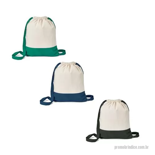 Sacola dobrável personalizada - Sacola tipo mochila 100% algodão (180 g/m²), com alças para fechar na parte superior. 350 x 430 mm