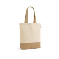 Sacola em 70% algodão reciclado e 30% poliéster reciclado (180 g/m²) com base em juta. Alças em webbing com 65 cm. 380 x 400 x 80 mm