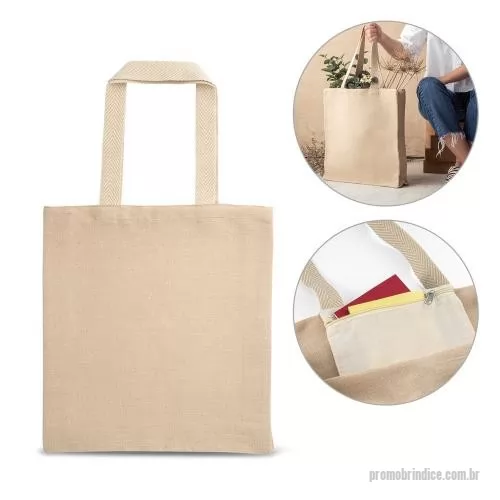 Sacola personalizada - Sacola em juco (275 g/m²) com bolso interior 100% algodão (120 g/m²) com fecho e alças de 60 cm. Pegas em webbing de algodão bicolor. 