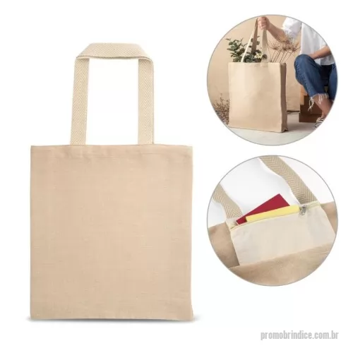Sacola personalizada - Sacola em juco (mistura de algodão e juta, 275 g/m²) com bolso interior em 100% algodão com fecho e alças de 60 cm. Pegas em webbing de algodão bicolor. 370 x 410 x 90 mm