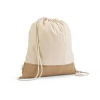 Sacola tipo mochila em 70% algodão reciclado e 30% poliéster reciclado (180 g/m²) com base em juta. Alças em algodão. 370 x 410 mm
