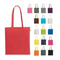 Sacola em 70% algodão reciclado e 30% poliéster reciclado (150 g/m²), com alças de 65 cm. O tecido é sem tingimento, e utilizado na sua cor original, sem produtos químicos de tingimento ou branqueamento, contribuindo para um menor impacto ambiental. 380 x 420 mm