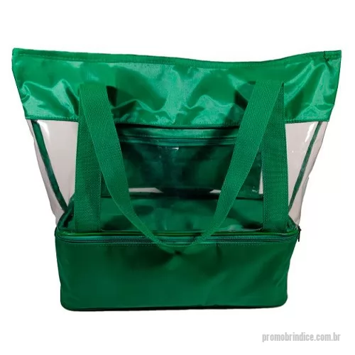 Sacola térmica personalizada - Confeccionado em Nylon 70 Pvc, ou Oxford Plastificado, ou nylon 600. Alça de ombro. Parte superior em Transparente 0,30. Bolso interno com zíper. Fechamento com zíper nº 08. Parte de baixo térmico com capacidade de 12 latas (9 litros), tamaho 40 C x 18 L x 13 A. Forrado com bagun espelhado 0,30 soldado eletronicamente. Tamanho total 40 C x 18 L x 43 A. Gravação sugerida: Serigrafia - Transfer - Sublimação