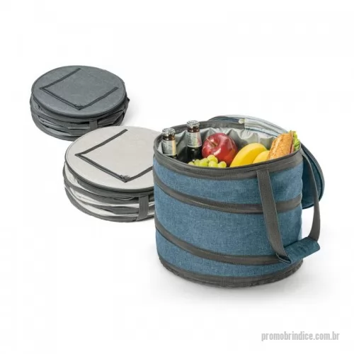 Sacola térmica personalizada - Sacola térmica flexível em 600D com zíper duplo, interior forrado com PEVA e abridor de garrafas. Bolso superior com zíper, alças em webbing, com reforço e capacidade até 15 L. Food grade. ø300 x 260 mm