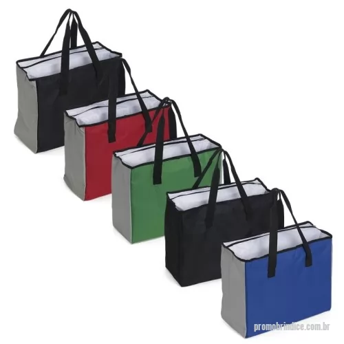 Sacola térmica personalizada - Sacola térmica de poliéster 25 litros com duas divisões, sendo uma delas com revestimento térmico e outra com bolso para acessórios.