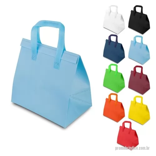 Sacola térmica personalizada - Sacola térmica 20L em PP com laminação em TNT de 180g/m², possui fita adesiva para fechamento, interior soldado. Gravação da logomarca em 1 cor já incluso.