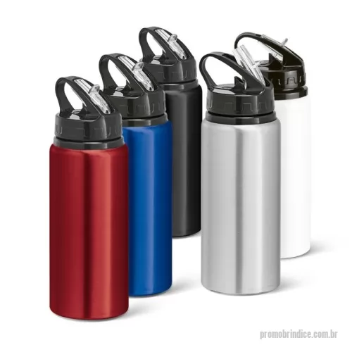 Squeeze automático personalizado - Squeeze em alumínio e tampa PP, com bico de canudo flip e canudo flexível no interior. Capacidade até 670 mL. Caixa branca 