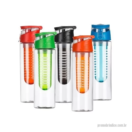 Squeeze com filtro de água personalizado - Squeeze plástico 700ml com infusor. Tampa rosqueável colorida com alça acoplada na tampa, possui uma espécie de fivela para lacre(basta levantar/abaixar para abrir/fechar o bico). Possui um infusor(rosqueável)colorido na parte interna.