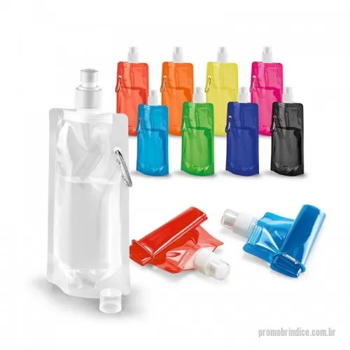 Squeeze dobrável personalizado - Squeeze dobrável plástico com capacidade de 450ml, contém tampa de proteção para o bico e acompanha mosquetão.