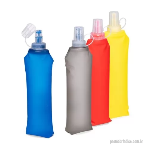 Squeeze dobrável personalizado - Squeeze dobrável feito em poliuretano termoplástico (TPU) livre de BPA. Possui capacidade máxima de 500ml, bico rosqueável com protetor de encaixe em plástico e topo em silicone macio, que permite o consumo de líquidos ao morder levemente a ponta após inclinar o squeeze.