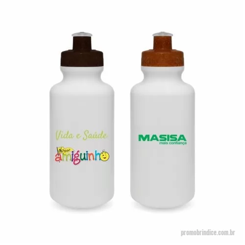 Squeeze ecológico personalizado - Squeeze Promocional PE resistente e flexível, tampa feita com 50% de fibra natural de madeira ou coco e bico em PVC, materiais atóxicos. Capacidade de 500 ml.