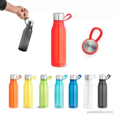 Squeeze ecológico personalizado - Squeeze produzido a partir de plástico reciclado, rPET. Com alça de silicone para facilitar o transporte. Tampa em PP e aço inox com isolante em silicone. Capacidade até 590 ml. Food grade. Caixa branca 94651 vendida opcionalmente. 66 x 230 mm