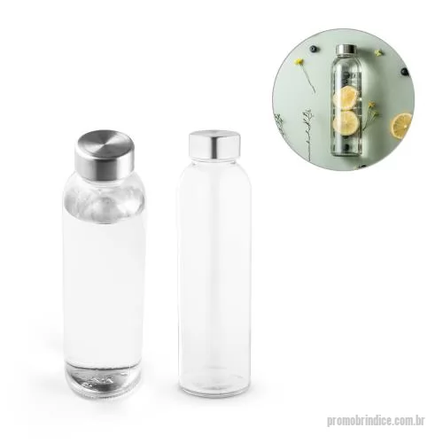 Squeeze ecológico personalizado - Squeeze de vidro com tampa em aço inox. Capacidade até 500ml. Certificação EU Food Grade. Fornecido em caixa branca.  65 x 220 mm