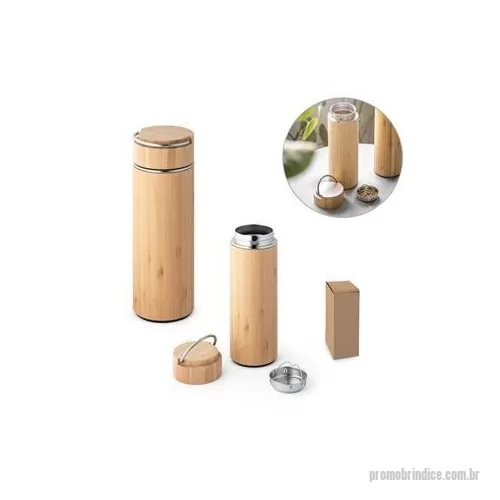 Squeeze ecológico personalizado - Squeeze térmico em bambu e aço inox, com parede dupla isolada a vácuo e infusor para chá. Capacidade até 440 mL. Preserva as bebidas quentes por 8 horas e as bebidas frias por 24 horas.
