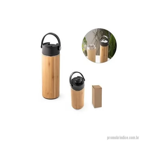 Squeeze ecológico personalizado - Squeeze térmico em bambu e aço inox com corpo duplo, isolamento a vácuo e tampa em PP. Capacidade até 440 mL. Preserva as bebidas quentes por 8 horas e as bebidas frias por 24 horas.
