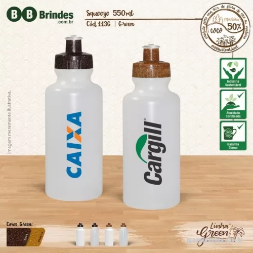 Squeeze ecológico personalizado - Squeeze de PE resistente e flexível, tampa rosqueável feita com 50% de Fibra Natural de Coco ou Madeira e bico em PVC cristal. Acabamento e vedação impecável. Capacidade de 550 mL