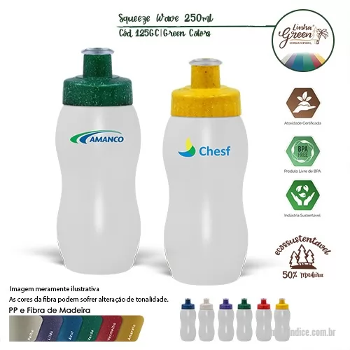 Squeeze ecológico personalizado - Squeeze 250 ml Green Colors, tampa rosqueável feita com 50% de fibra madeira agora disponível em 6 cores especiais que utilizam pigmentos orgânicos na fabricação e bico em PVC cristal.