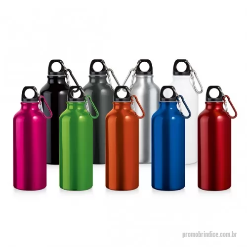 Squeeze metálico personalizado - Squeeze em alumínio com mosquetão e acabamento brilhante. Capacidade 500ml. Disponível nas cores: preto, grafite, prata, branco, azul, vermelho, laranja, rosa e verde.