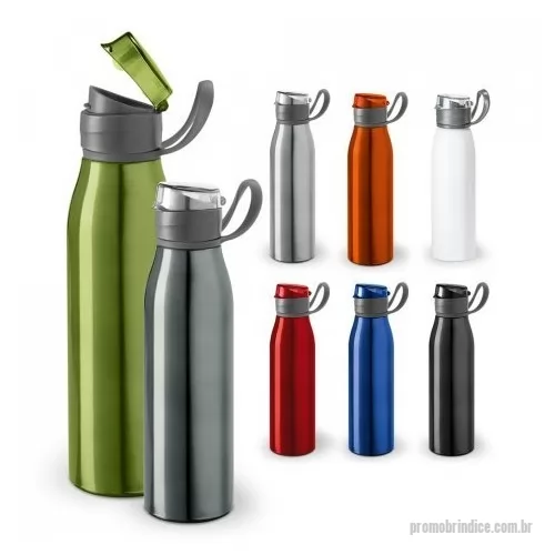 Squeeze metálico personalizado - Squeeze em alumínio e com tampa flip top em AS e alça para facilitar o transporte. Capacidade até 650 ml