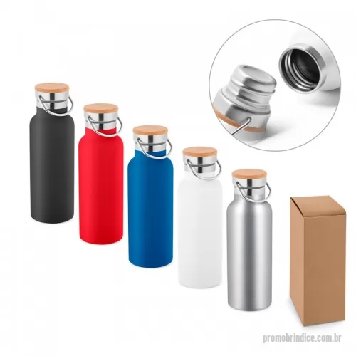 Squeeze metálico personalizado - Squeeze em aço inox com parede dupla isolada a vácuo, tampa em bambu e alça de transporte em aço inox. Capacidade até 570 ml. Food grade. Fornecido em caixa presente de papel craft