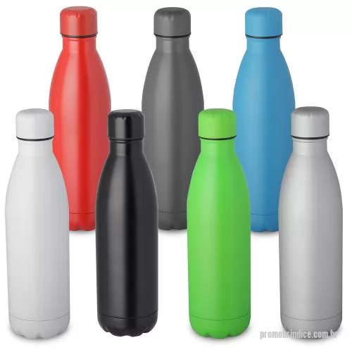 Squeeze metálico personalizado - Garrafa Squeeze fosca em aço inox com capacidade de até 750 ml. Tampa rosqueável e anel de silicone para vedação. Design com frisos na tampa.