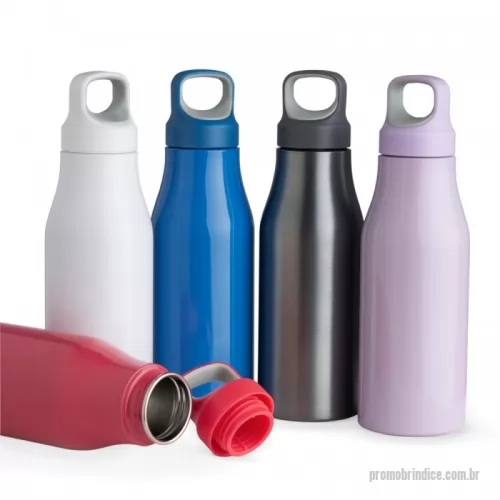 Squeeze metálico personalizado - Garrafa 650ml em inox com tampa rosqueável com alça para transporte.