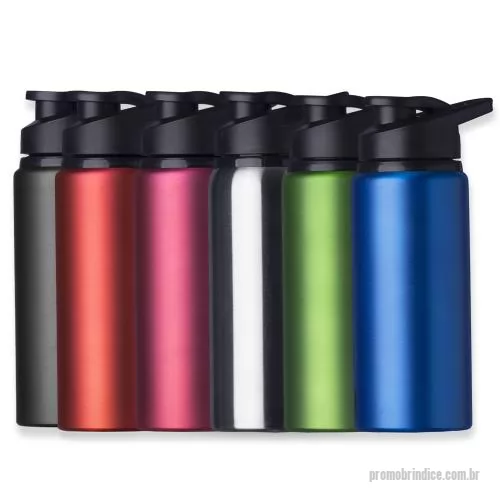 Squeeze metálico personalizado - Squeeze alumínio de 600ml com pintura fosca. Squeeze com tampa plástica rosqueável, alça e tampa protetora para o bocal. 21,1 cm x 8,8 cm x 22,6 cm