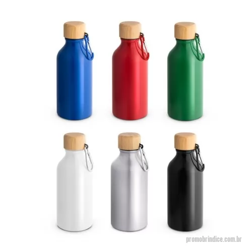 Squeeze metálico personalizado - Squeeze em alumínio 100% reciclado com cor sólida brilhante. A squeeze tem uma tampa em bambu, à prova de água, e mosquetão que facilita o transporte. Capacidade até 400 mL. ø66 x 171 mm.