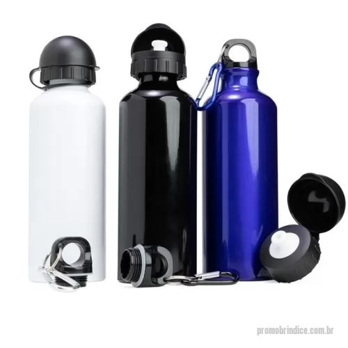Squeeze metálico personalizado - Squeeze 500ml de alumínio com pintura metalizada, tampa rosqueável e acompanha um segundo bico com mosquetão (não é térmico).