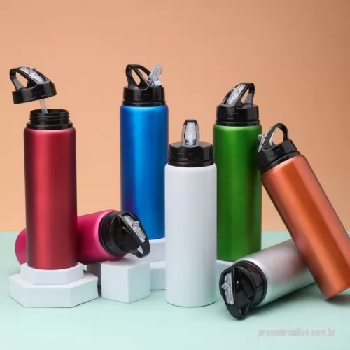 Squeeze metálico personalizado - Squeeze de inox com capacidade de 800ml, tampa plástica com bico de canudo.  Altura: 25,8cm x Largura: 7,4cm x Circunferência: 23,3cm