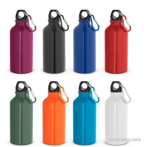 Squeeze metálico personalizado - Squeeze esportiva em alumínio com acabamento brilhante, com mosquetão para facilitar o transporte. Capacidade até 400 mL. Caixa branca 94656 vendida opcionalmente. Certificação EU Food Grade. ø66 x 176 mm