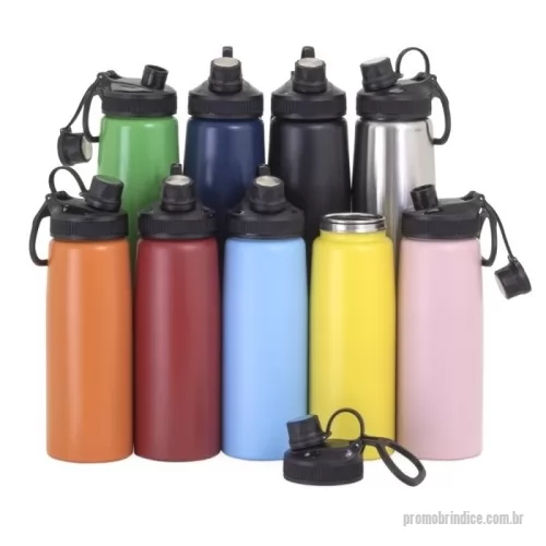 Squeeze metálico personalizado - Squeeze inox 900ml com tampa plástica, bocal com tampa protetora e alça para transporte.