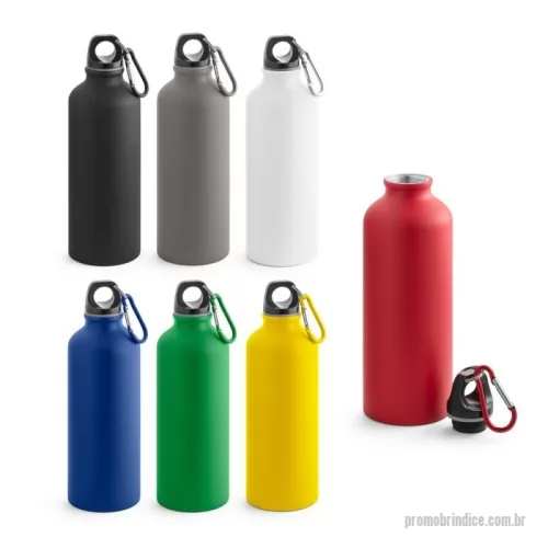 Squeeze metálico personalizado - Squeeze em alumínio com acabamento mate e mosquetão para facilitar o transporte. Capacidade até 540 mL