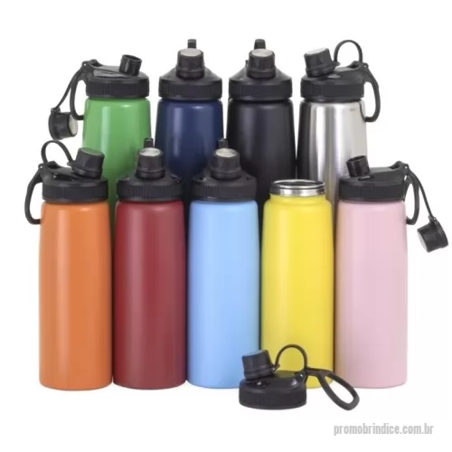 Squeeze metálico personalizado - Squeeze inox 900ml com tampa plástica, bocal com tampa protetora e alça para transporte.