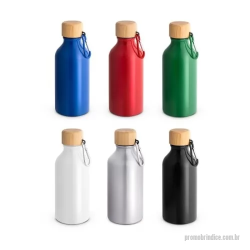 Squeeze metálico personalizado - Squeeze em alumínio 100% reciclado com cor sólida brilhante. A squeeze tem uma tampa em bambu, à prova de água, e mosquetão que facilita o transporte. Capacidade até 400 mL. Caixa branca 94656 vendida opcionalmente. Certificação EU Food Grade. A cor 