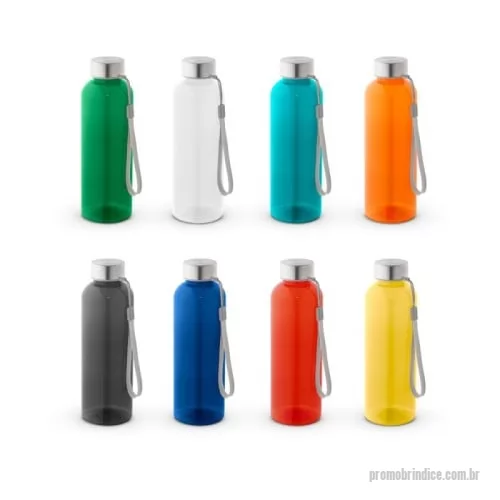 Squeeze metálico personalizado - Squeeze em rPET 100% reciclado e tampa em aço inox, com pega em corda para facilitar o transporte. Capacidade até 580 mL. Caixa branca