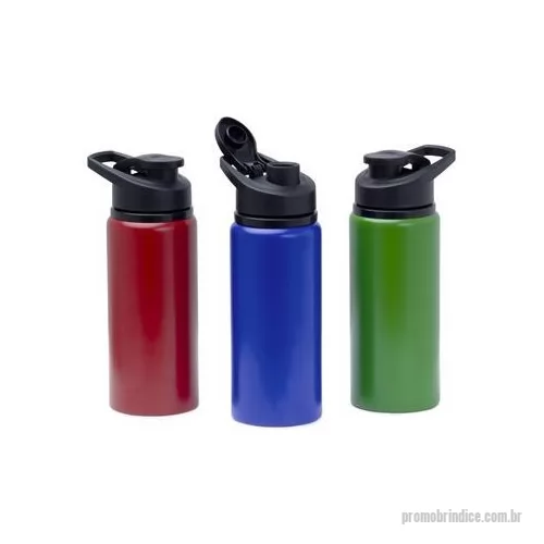 Squeeze metálico personalizado - Squeeze de alumínio com capacidade de 600ml com acabamento leitoso fosco, contém tampa plástica rosqueável, alça e tampa protetora para o bocal. Altura : 20,6 cm Largura : 8,7 cm Circunferência : 22,8 cm Tamanho total aproximado CxL : Diâmetro sem ta
