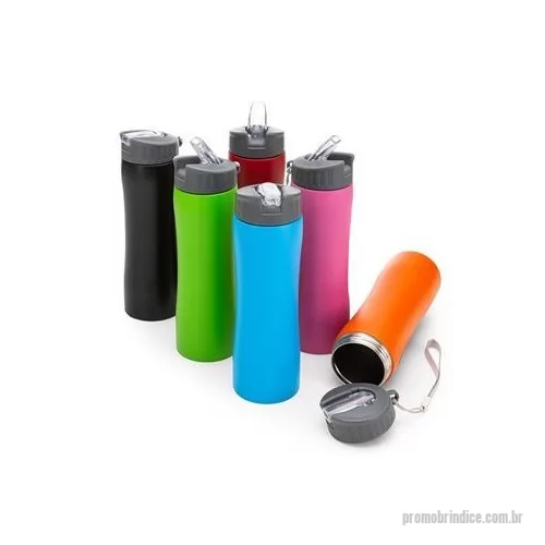 Squeeze metálico personalizado - Descrição: Squeeze metal 600ml com tampa rosqueável plástica e bico transparente de acionamento manual. Acompanha alça de nylon para transporte. Altura : 22 cm Largura : 7,2 cm Circunferência : 20,9 cm Medidas aproximadas para gravação CxL : 17 cm x 