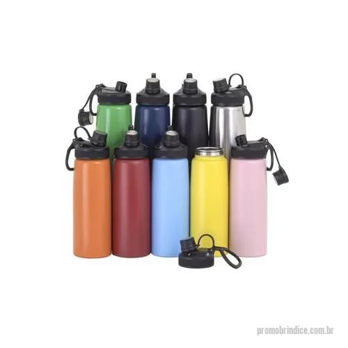 Squeeze metálico personalizado - Squeeze inox 900ml com tampa plástica, bocal com tampa protetora e alça para transporte. Altura : 25,8 cm Largura : 8,7 cm Circunferência : 24,5 cm Peso aproximado g : 194