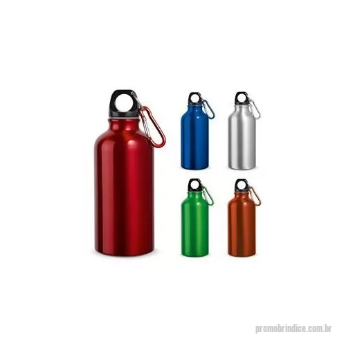 Squeeze metálico personalizado - Squeeze esportiva em alumínio com acabamento metálico brilhante, com mosquetão para facilitar o transporte. Capacidade até 400 mL. Certificação EU Food Grade. ø66 x 176 mm