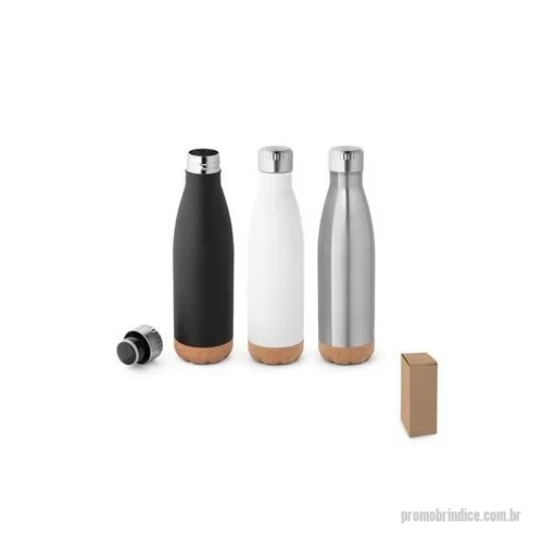 Squeeze metálico personalizado - Garrafa em aço inox de parede dupla térmica, isolada a vácuo, com tampa em aço inox e base em cortiça. Capacidade até 560 mL. Mantém as bebidas quentes por 8h e frias por 24h. Fornecido em caixa presente de papel kraft. Certificação EU Food Grade. ø7