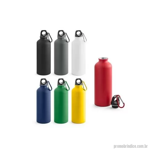 Squeeze metálico personalizado - Squeeze em alumínio com acabamento mate e mosquetão para facilitar o transporte. Capacidade até 550 ml.